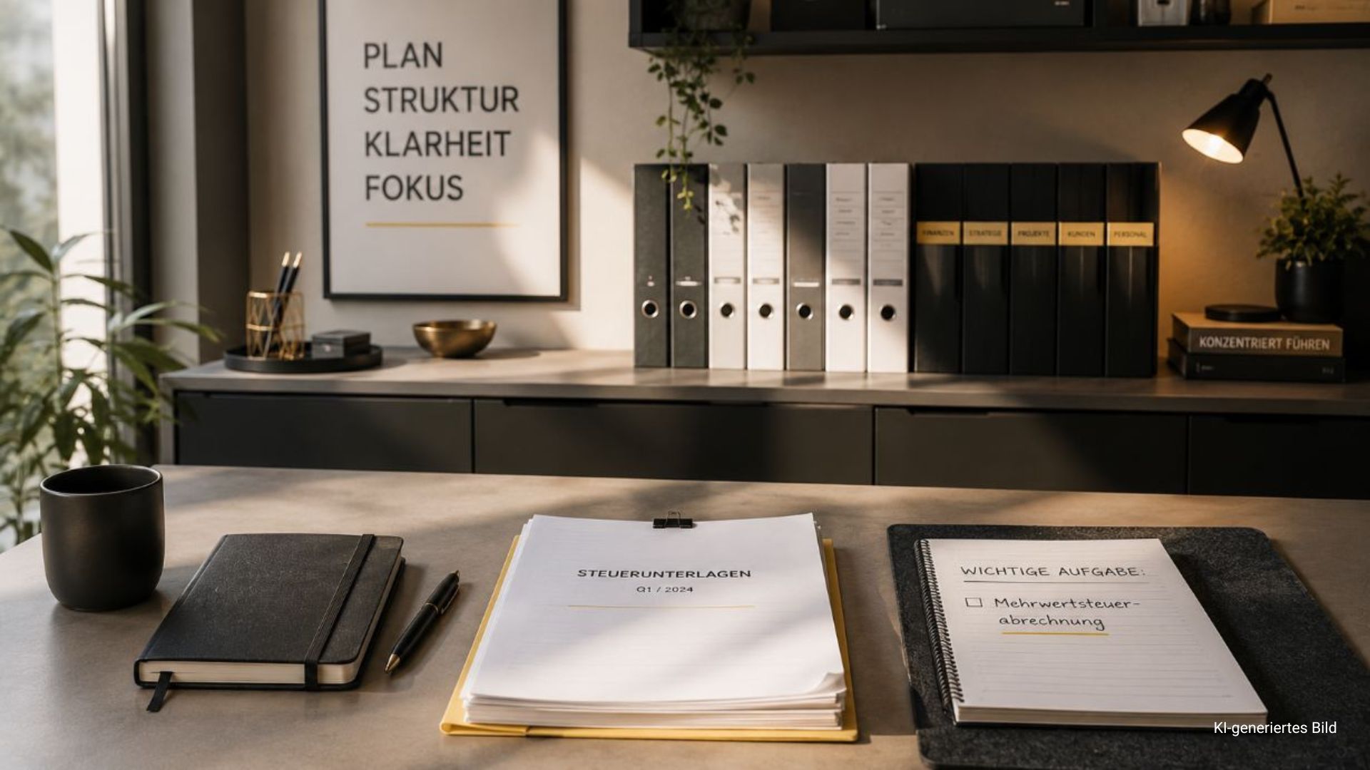 Perfekt organisierter moderner Arbeitsplatz mit Planer und Unterlagen, während eine wichtige Aufgabe trotzdem unbearbeitet bleibt