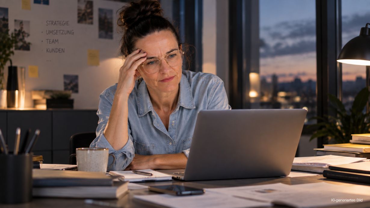 Wenn Leistung auf Kosten der Energie geht Führungskraft arbeitet trotz nachlassender Energie am Schreibtisch