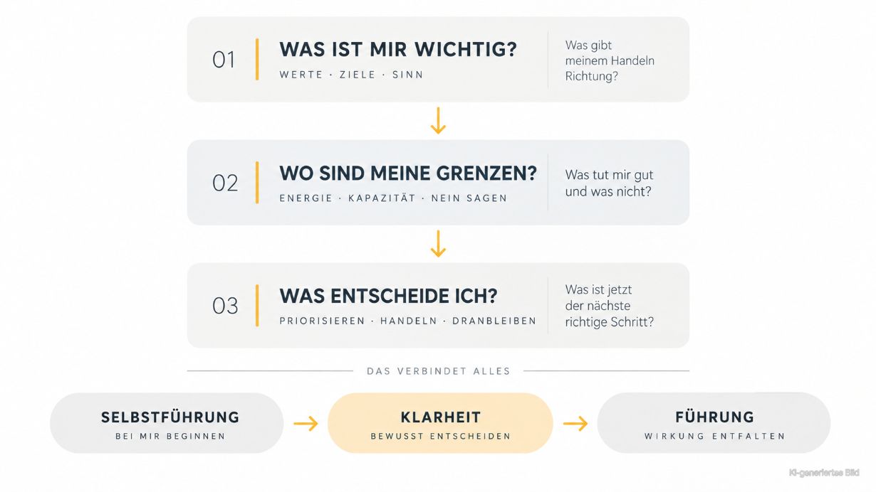 Drei Fragen für Selbstführung: Was ist mir wichtig, wo sind meine Grenzen und was entscheide ich?